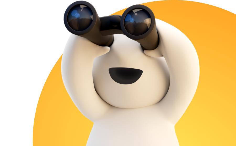 Easybell mascot scouting ahead with binoculars