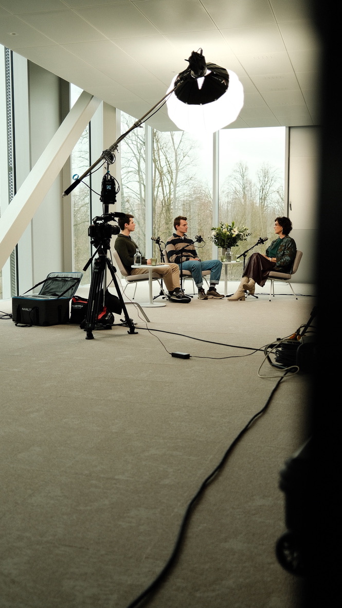 Podcast setup with microphones and cameras